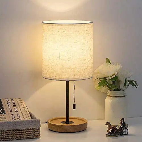 Bedside Table Lamp - Lamp with Linen Fabric Shade Wooden Desk Lamps for Bedrooms, Office, College Dorm, Dinning Room, Girls Room - 16 Inches (HT-AD005)