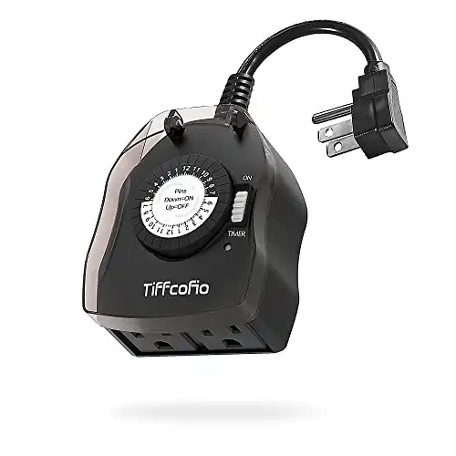 TiFFCOFiO Outdoor Timer Outlet, 24 Hour Mechanical Outdoor Timer for Lights, Outdoor Light Timer Waterproof, 2 Grounded Outlets for Home and Garden, 15A 1/2HP, Heavy Duty, CSA Listed (1 Pack)