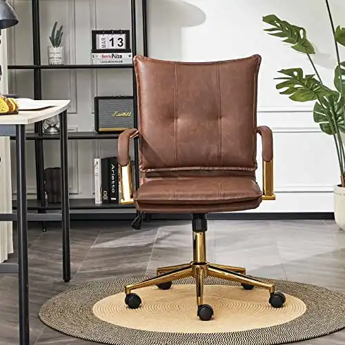 MOJAY Mid-Back PU Leather Office Desk Chair, Modern Upholstered Computer Chair, Executive Office Chair with Arms, Swivel Adjustable Rolling Chair with Gold Base (Brown)