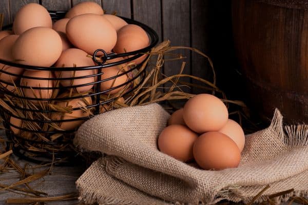 farm fresh eggs in a basket and on berlap