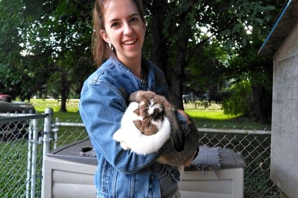 Leah Lynch holding a french lop doe