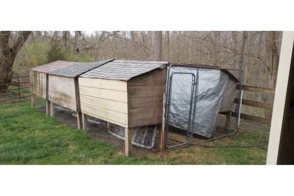 outdoor rabbitry set up outside a barn